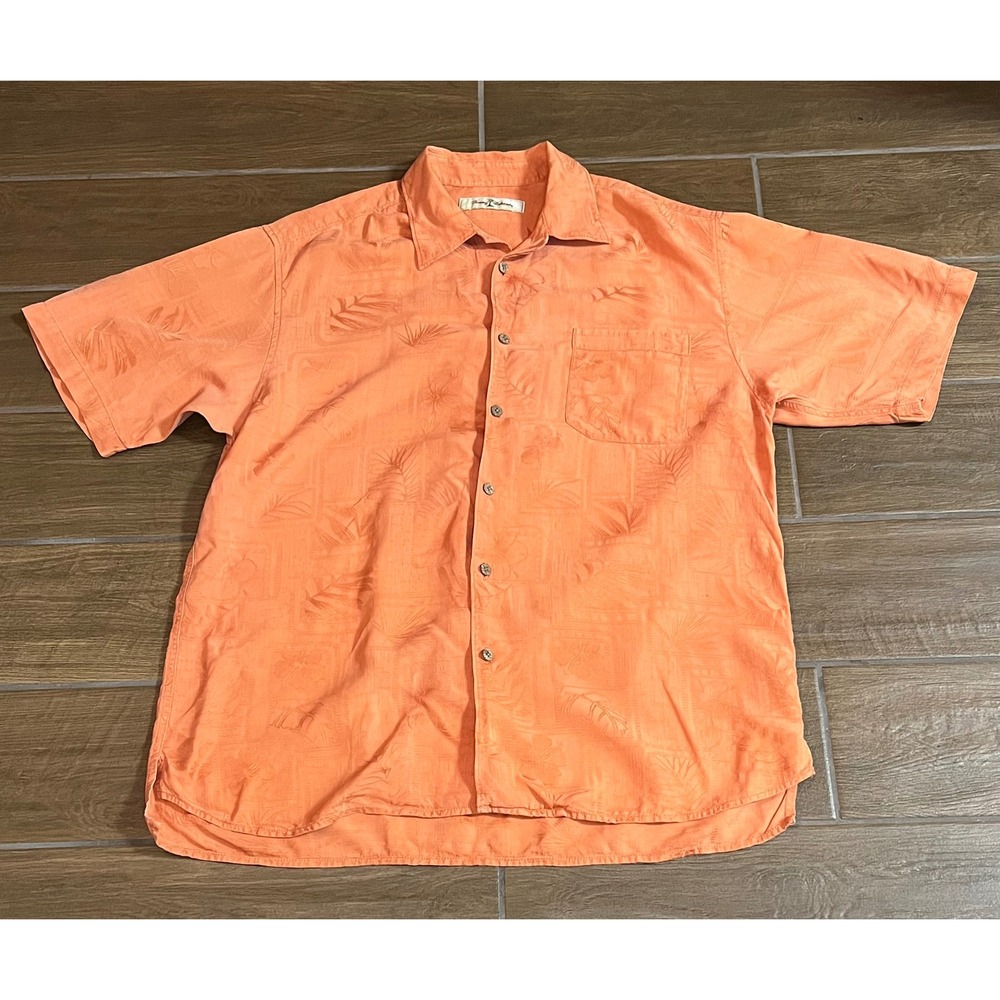 Tommy Bahama Mens Large Orange 100% Silk Tropical Jacquard Short Sleeve Shirt